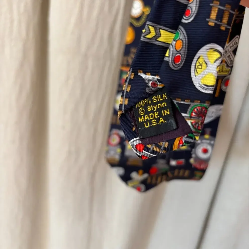 Alynn Neckwear 100% Silk Tie Navy Blue‎ Railroad Train Theme Novelty USA Made